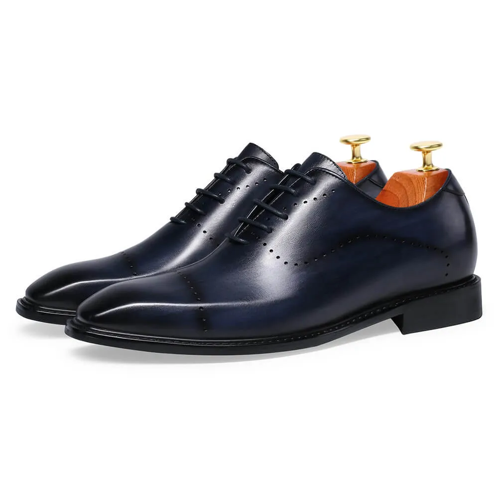 6 CM/2.36 Inches Taller -CMR CHAMARIPA Dress Elevator Shoes For Men- Leather Hand Painted Wholecut Oxfords- Blue