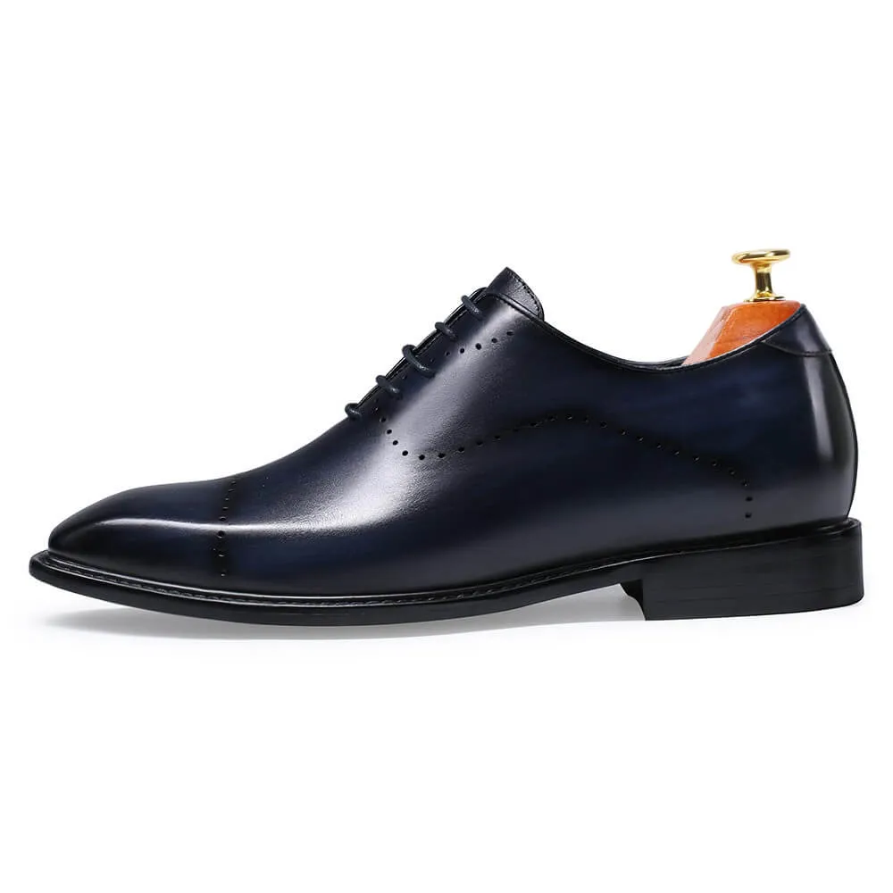 6 CM/2.36 Inches Taller -CMR CHAMARIPA Dress Elevator Shoes For Men- Leather Hand Painted Wholecut Oxfords- Blue