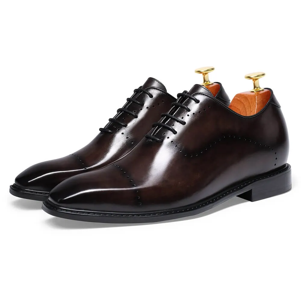 6 CM/2.36 Inches Taller -CMR CHAMARIPA Dress Shoes That Make You Taller- Leather Hand Painted Wholecut Oxfords- Burgundy