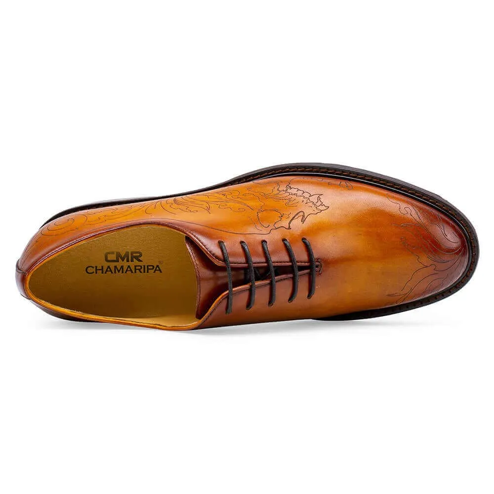 6CM /2.36 Inches - CMR CHAMARIPA Elevator Shoes For Men - Hand-Painted Leather Taller Shoes -Brown Skull Engraving Pattern Wholecut Oxfords