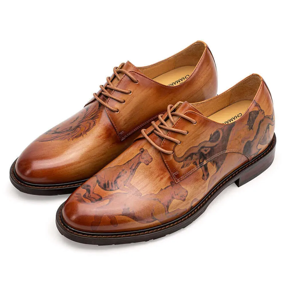 6CM /2.36 Inches - CMR CHAMARIPA Handcrafted High Heel Men Dress Shoes - Hand-Painted Leather Elevator Shoes - Brown Animal Pattern Wholecut Oxfords