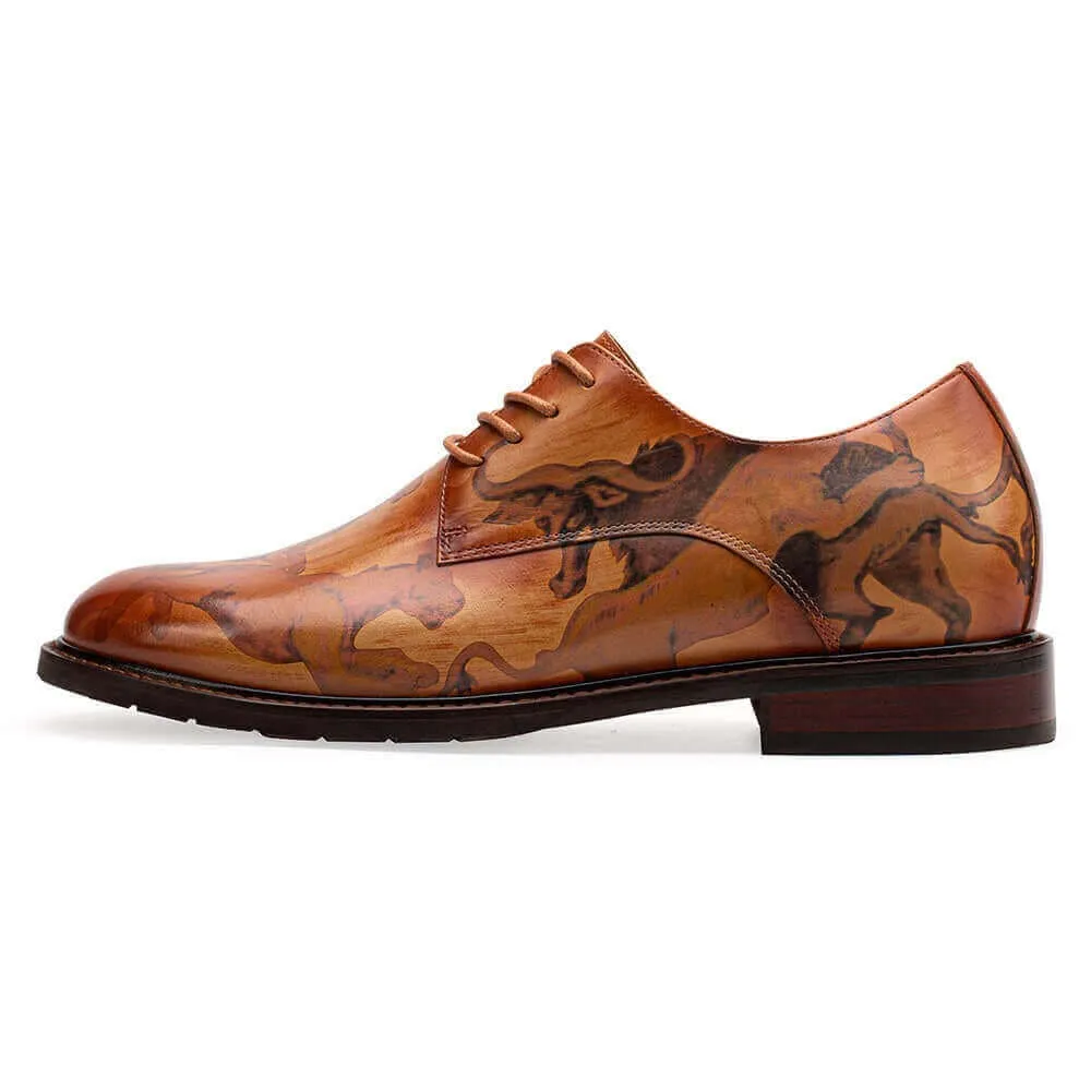 6CM /2.36 Inches - CMR CHAMARIPA Handcrafted High Heel Men Dress Shoes - Hand-Painted Leather Elevator Shoes - Brown Animal Pattern Wholecut Oxfords