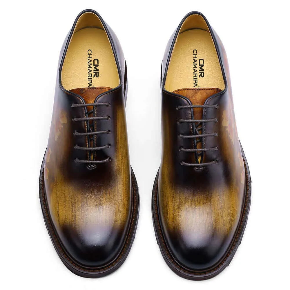 6CM / 2.36 Inches - CMR CHAMARIPA Height Increasing Elevator Shoes - Tall Men Shoes - Handcrafted Brown Patina Leather Oxfords Shoes