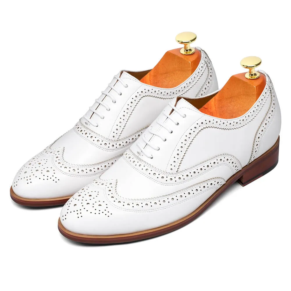 7 CM / 2.76 Inches - CMR CHAMARIPA Height Elevator Shoes - Height Raising Shoes - Boutique Customized Wingtip White Classic Oxfords