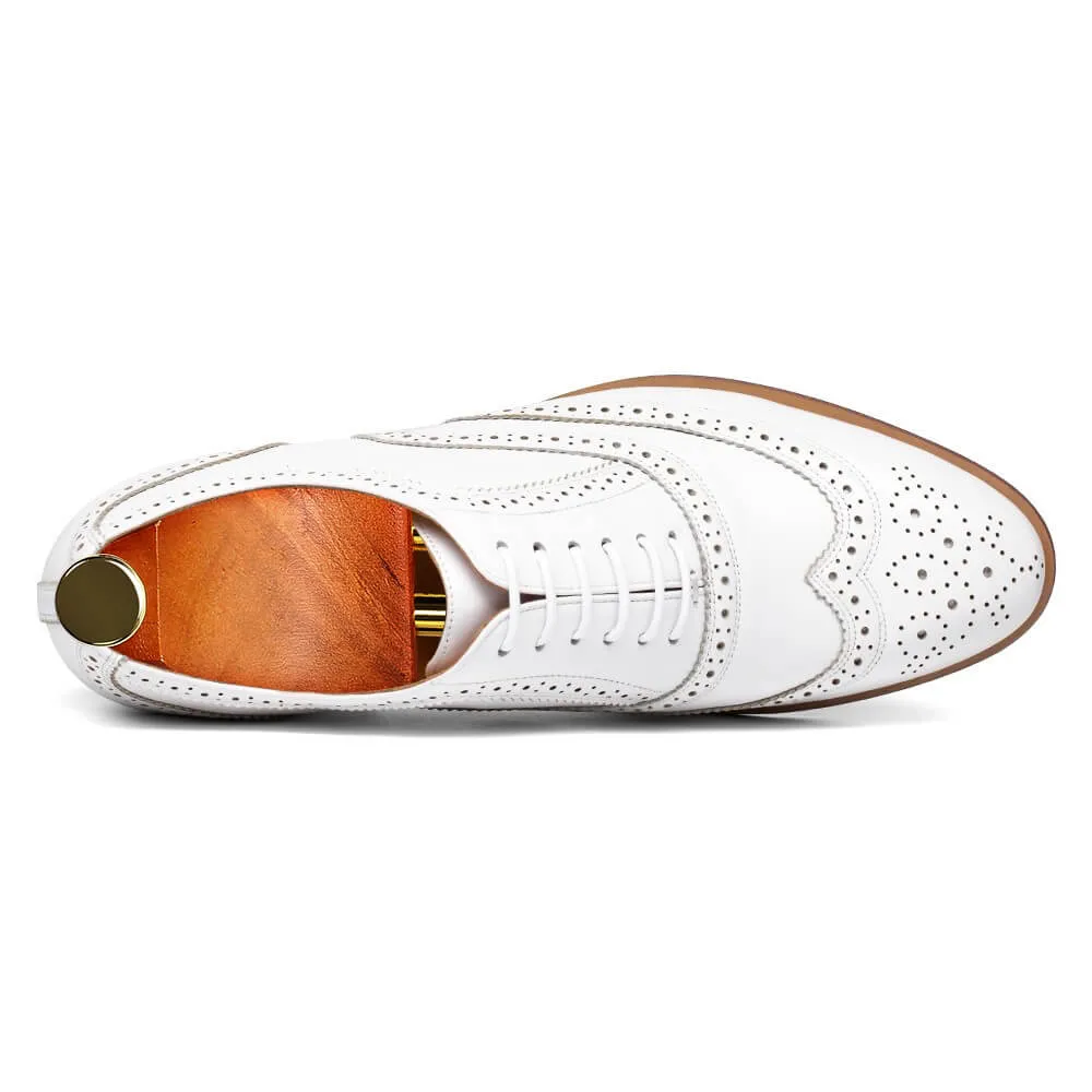 7 CM / 2.76 Inches - CMR CHAMARIPA Height Elevator Shoes - Height Raising Shoes - Boutique Customized Wingtip White Classic Oxfords