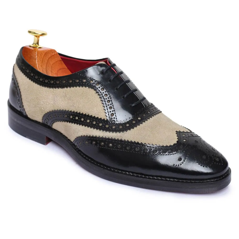 7 CM / 2.76 Inches - CMR CHAMARIPA Height Increasing Dress Shoes - Shoes With Raised Heel - Black And Suede Wingtip Brogue Handcrafted Oxfords