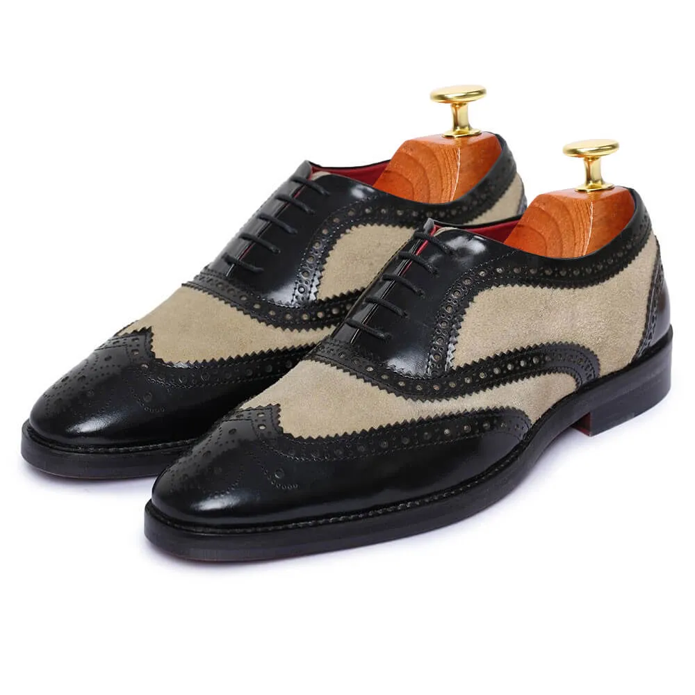 7 CM / 2.76 Inches - CMR CHAMARIPA Height Increasing Dress Shoes - Shoes With Raised Heel - Black And Suede Wingtip Brogue Handcrafted Oxfords