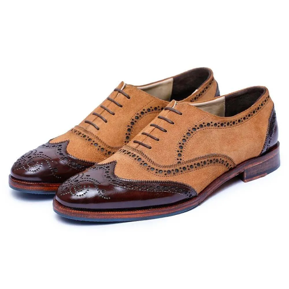 7 CM / 2.76 Inches - CMR CHAMARIPA High Increase Shoes - Elevator Heel Shoes - Tan Suede And Dark Brown Custom Made Wingtip Brogue Oxfords