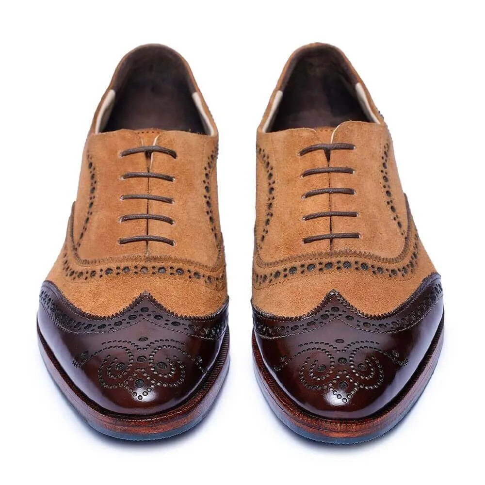 7 CM / 2.76 Inches - CMR CHAMARIPA High Increase Shoes - Elevator Heel Shoes - Tan Suede And Dark Brown Custom Made Wingtip Brogue Oxfords