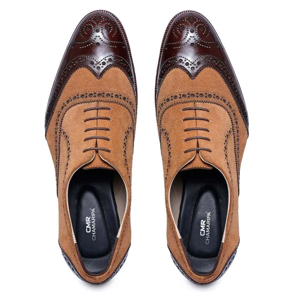 7 CM / 2.76 Inches - CMR CHAMARIPA High Increase Shoes - Elevator Heel Shoes - Tan Suede And Dark Brown Custom Made Wingtip Brogue Oxfords