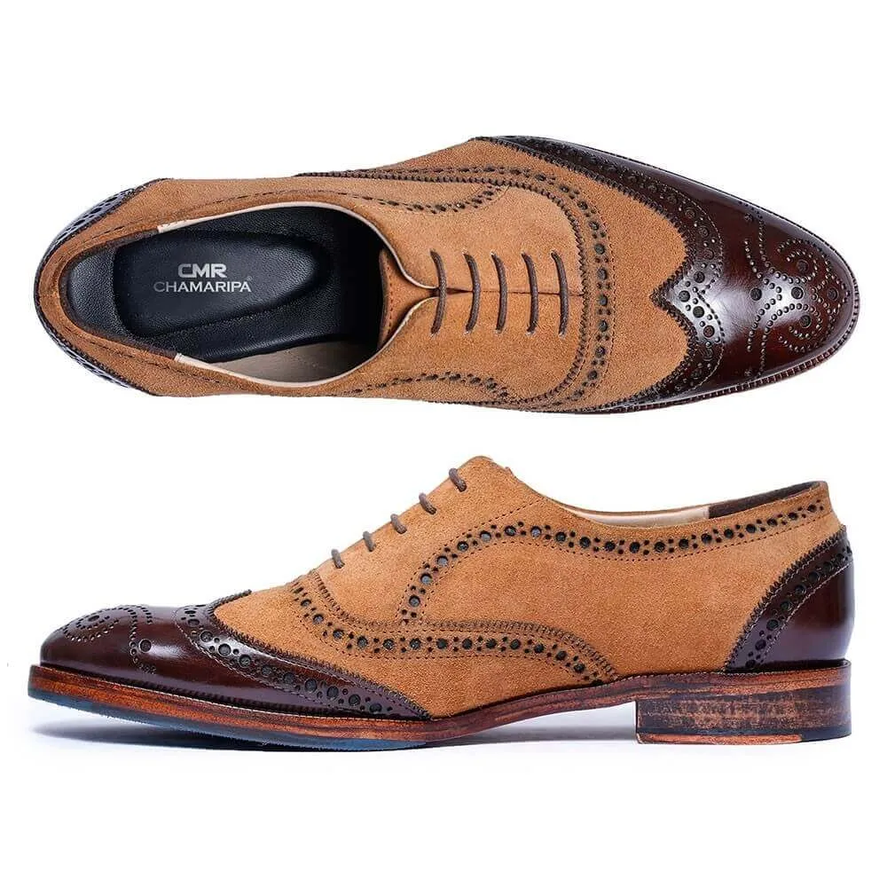 7 CM / 2.76 Inches - CMR CHAMARIPA High Increase Shoes - Elevator Heel Shoes - Tan Suede And Dark Brown Custom Made Wingtip Brogue Oxfords