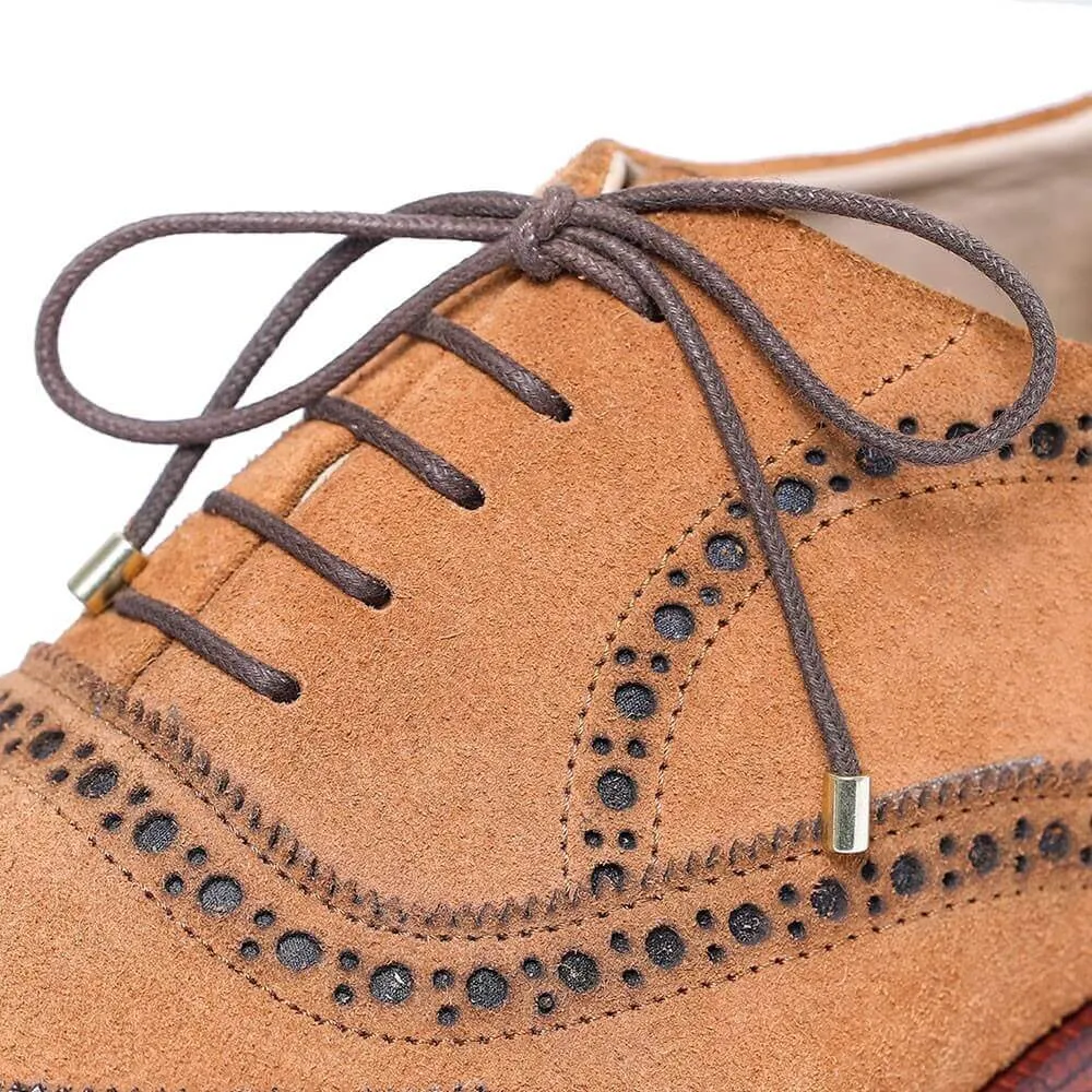 7 CM / 2.76 Inches - CMR CHAMARIPA High Increase Shoes - Elevator Heel Shoes - Tan Suede And Dark Brown Custom Made Wingtip Brogue Oxfords