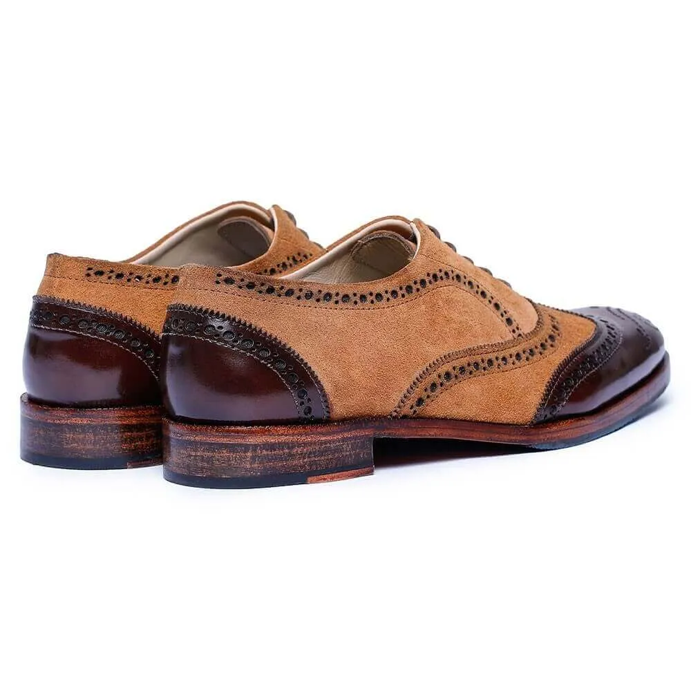 7 CM / 2.76 Inches - CMR CHAMARIPA High Increase Shoes - Elevator Heel Shoes - Tan Suede And Dark Brown Custom Made Wingtip Brogue Oxfords