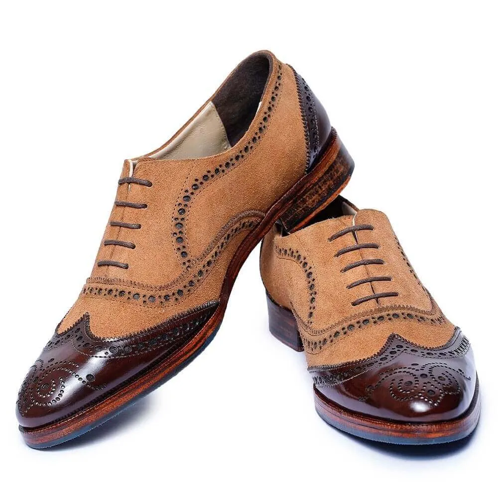 7 CM / 2.76 Inches - CMR CHAMARIPA High Increase Shoes - Elevator Heel Shoes - Tan Suede And Dark Brown Custom Made Wingtip Brogue Oxfords