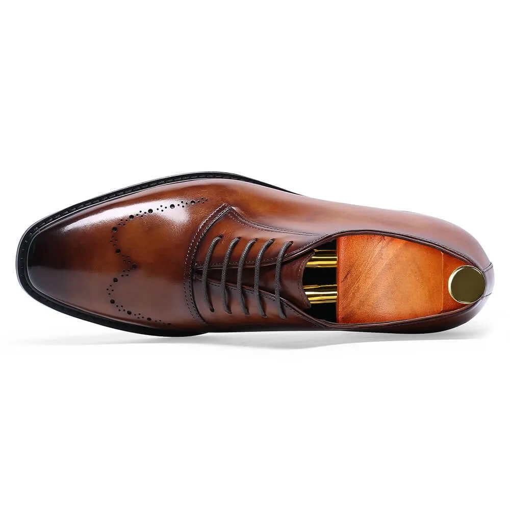 7 CM/2.76 Inches Taller -CMR CHAMARIPA Mens Height Increasing Formal Shoes- Hand Painted Leather Oxfords Men- Brown