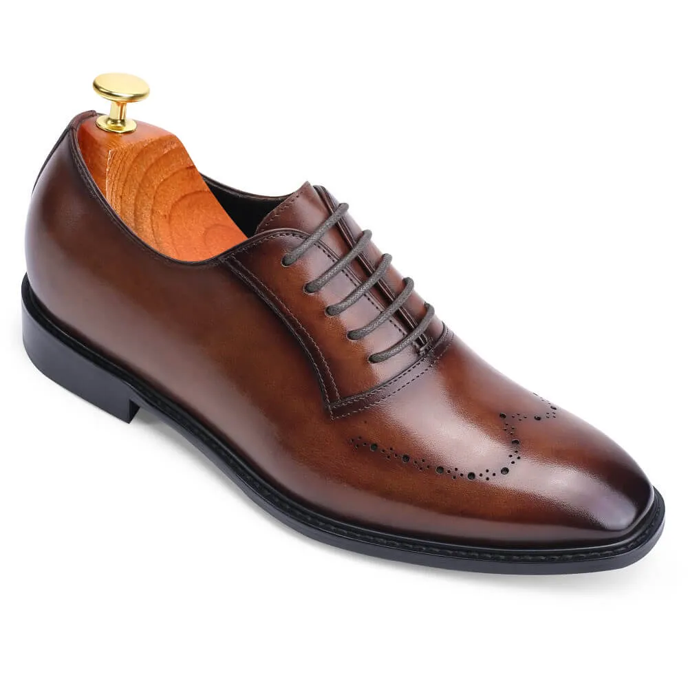 7 CM/2.76 Inches Taller -CMR CHAMARIPA Mens Height Increasing Formal Shoes- Hand Painted Leather Oxfords Men- Brown