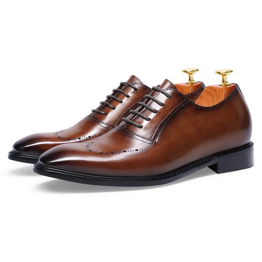 7 CM/2.76 Inches Taller -CMR CHAMARIPA Mens Height Increasing Formal Shoes- Hand Painted Leather Oxfords Men- Brown