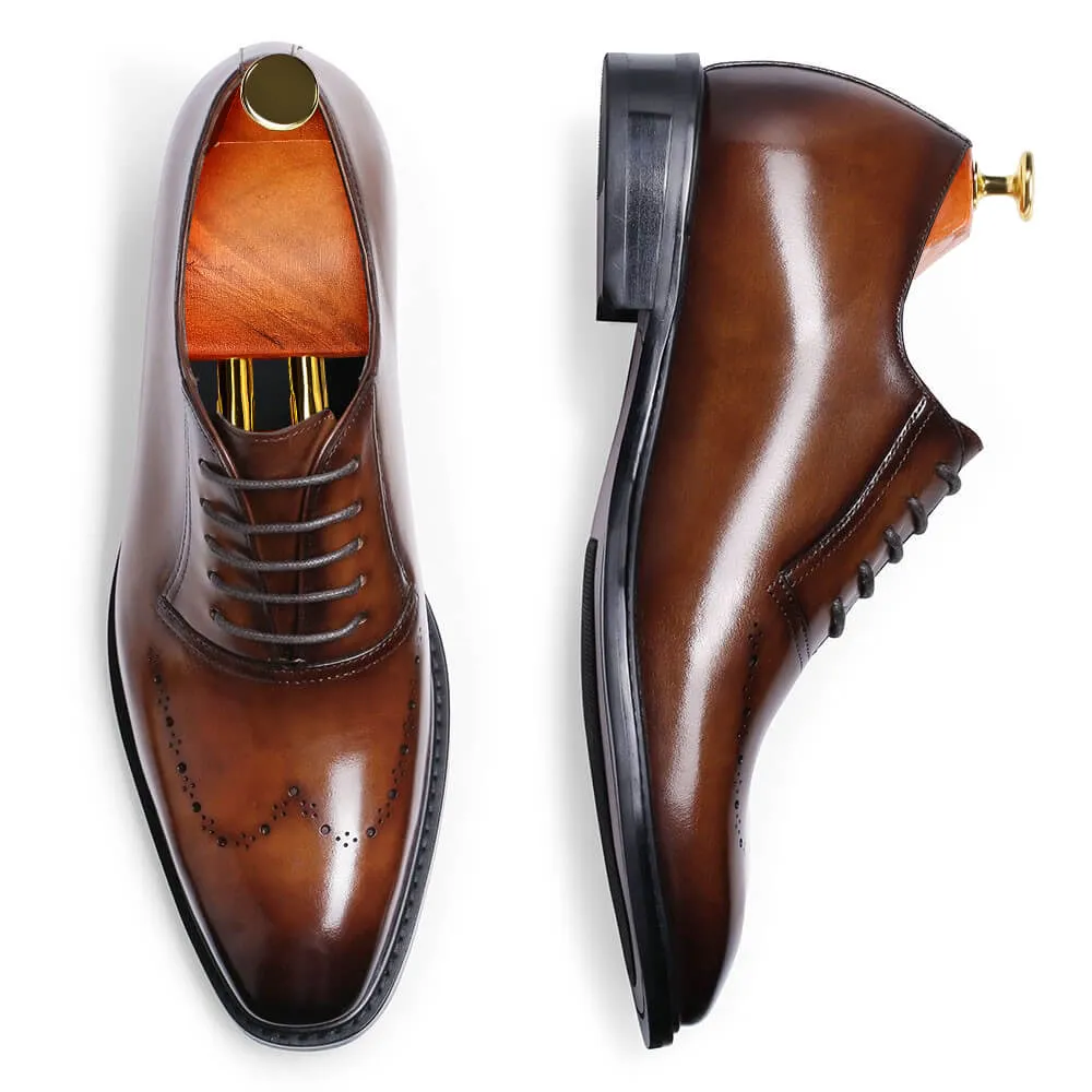 7 CM/2.76 Inches Taller -CMR CHAMARIPA Mens Height Increasing Formal Shoes- Hand Painted Leather Oxfords Men- Brown