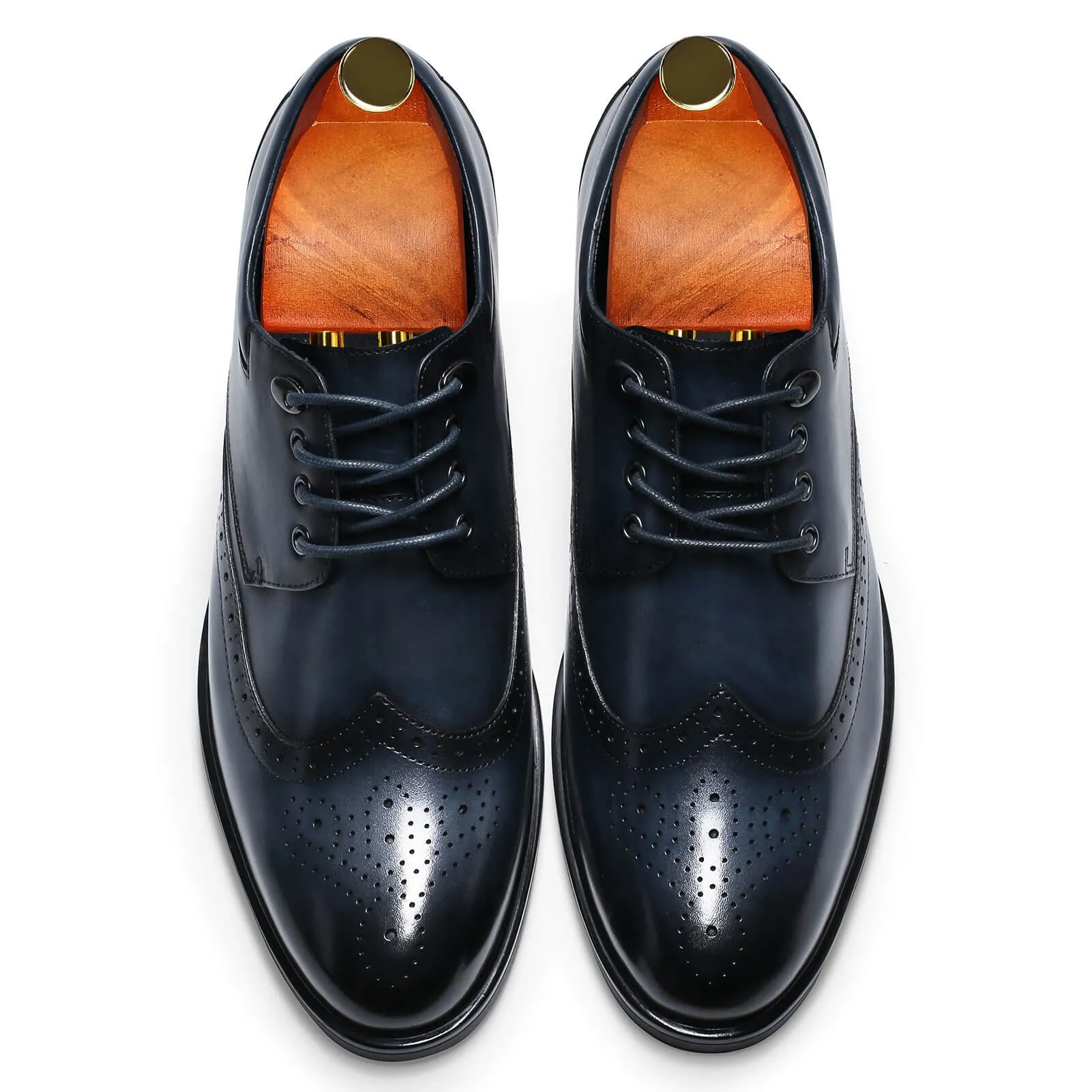 8 CM/3.15 Inches Taller -CMR CHAMARIPA Elevator Dress Elevator Shoes- Mens Hand Painted Wingtip Oxford Shoes- Blue