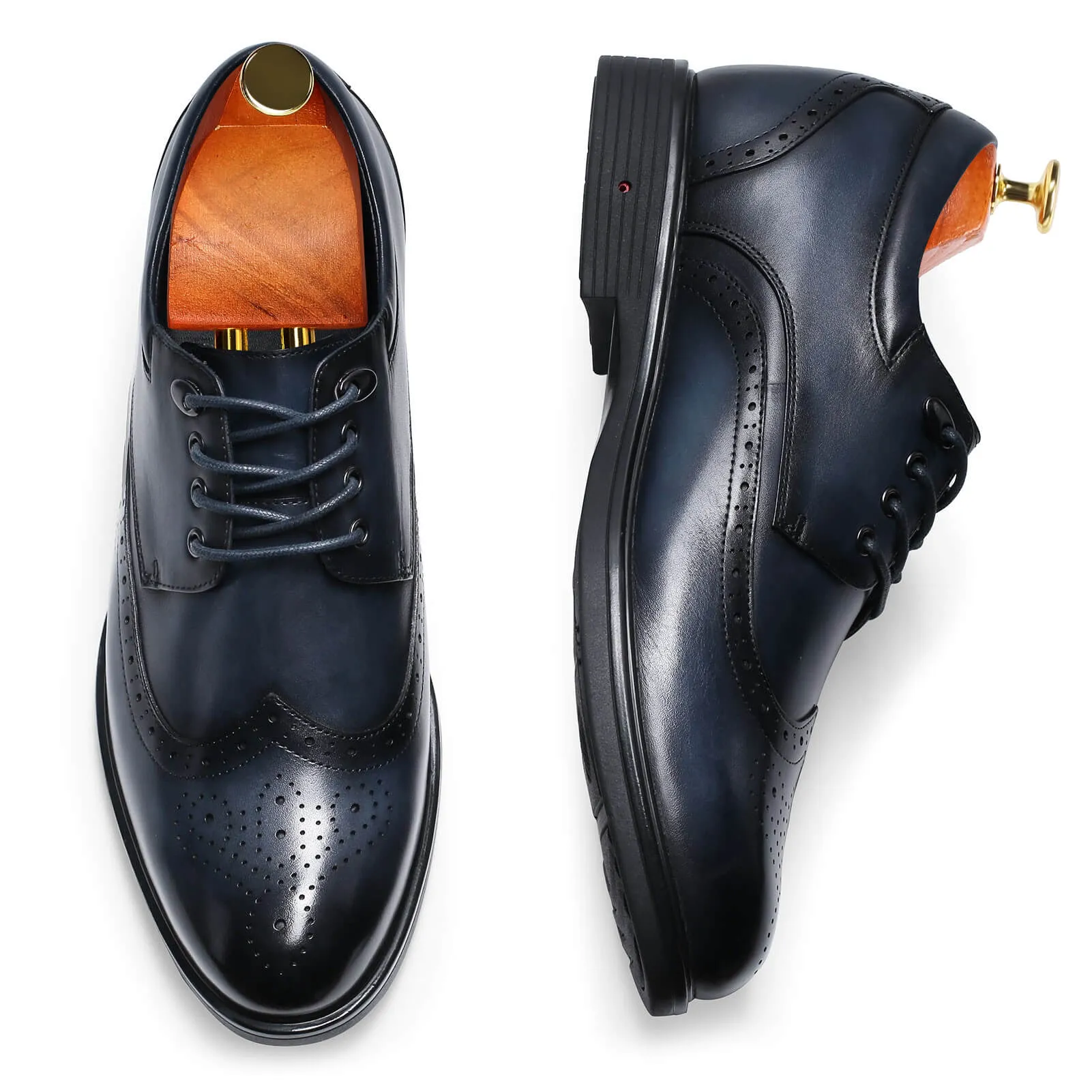 8 CM/3.15 Inches Taller -CMR CHAMARIPA Elevator Dress Elevator Shoes- Mens Hand Painted Wingtip Oxford Shoes- Blue