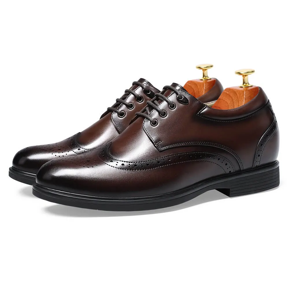 8 CM/3.15 Inches Taller -CMR CHAMARIPA Elevator Dress Shoes- Mens Hand Painted Wingtip Oxford Shoes- Coffee