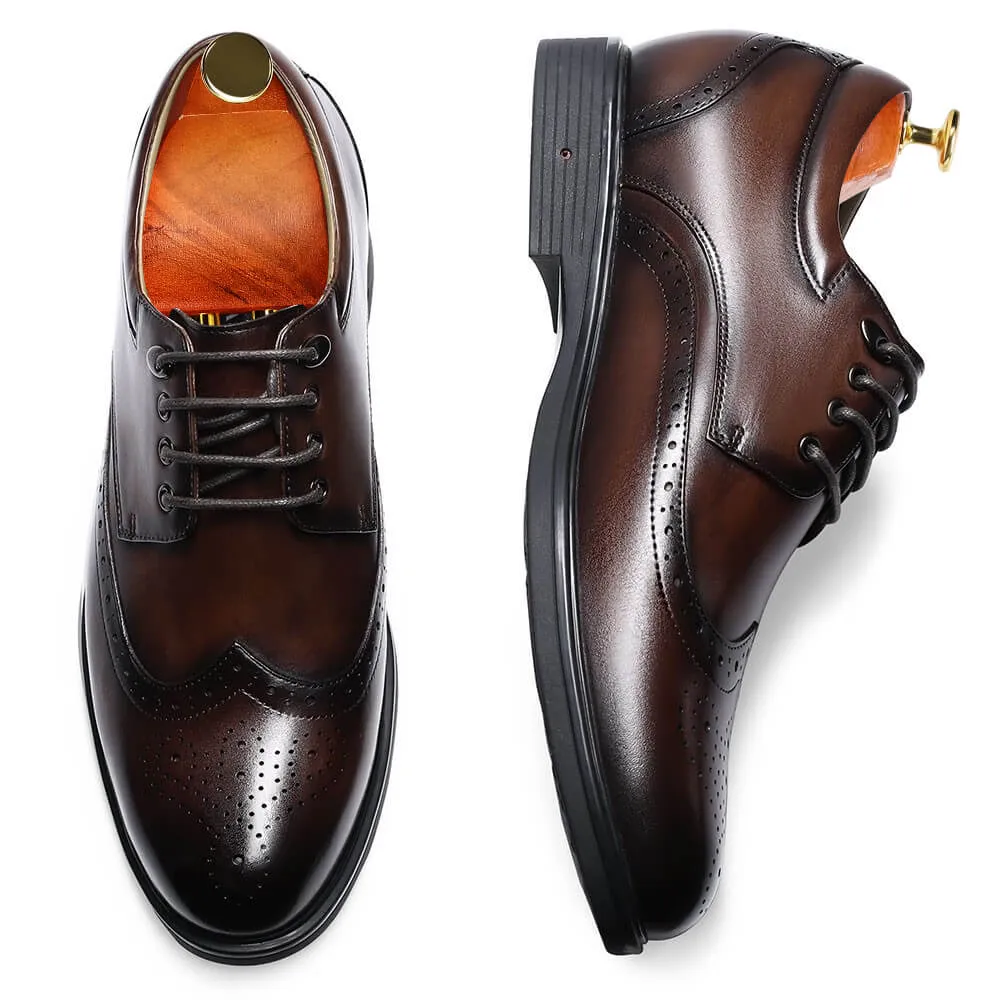 8 CM/3.15 Inches Taller -CMR CHAMARIPA Elevator Dress Shoes- Mens Hand Painted Wingtip Oxford Shoes- Coffee