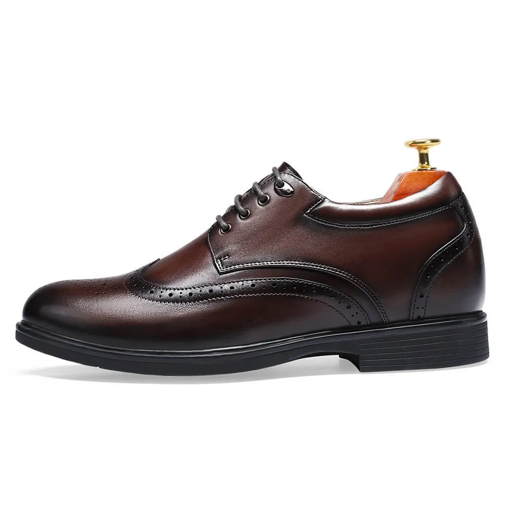 8 CM/3.15 Inches Taller -CMR CHAMARIPA Elevator Dress Shoes- Mens Hand Painted Wingtip Oxford Shoes- Coffee