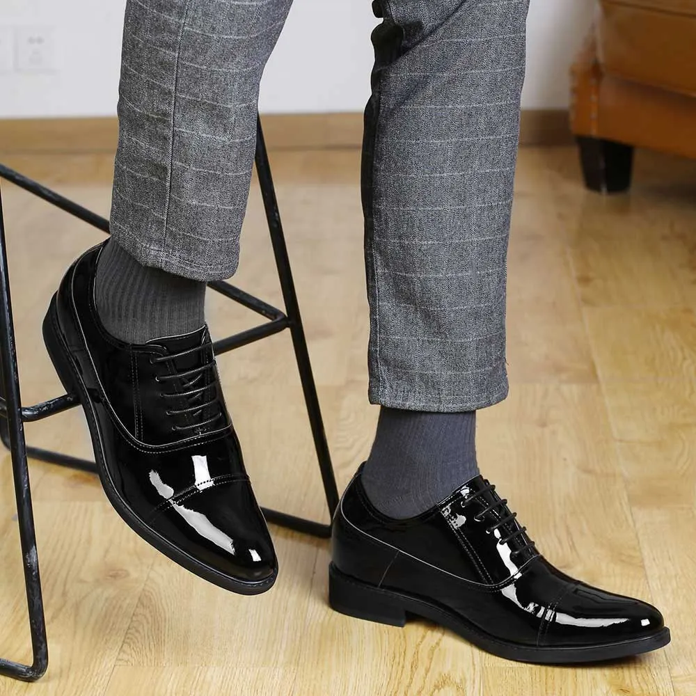 8CM / 3.15 Inches - CMR CHAMARIPA Dress Elevator Shoes Tall Men Shoes Black Patent Leather Oxfords