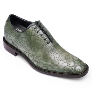 8CM / 3.15 Inches - CMR CHAMARIPA Height Increasing Shoes For Men - Green Chain Texture Print Handmade Elevator Shoes - Patina Leather Plain Oxfords