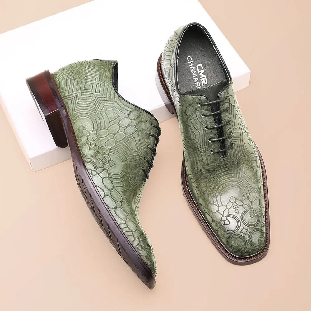 8CM / 3.15 Inches - CMR CHAMARIPA Height Increasing Shoes For Men - Green Chain Texture Print Handmade Elevator Shoes - Patina Leather Plain Oxfords