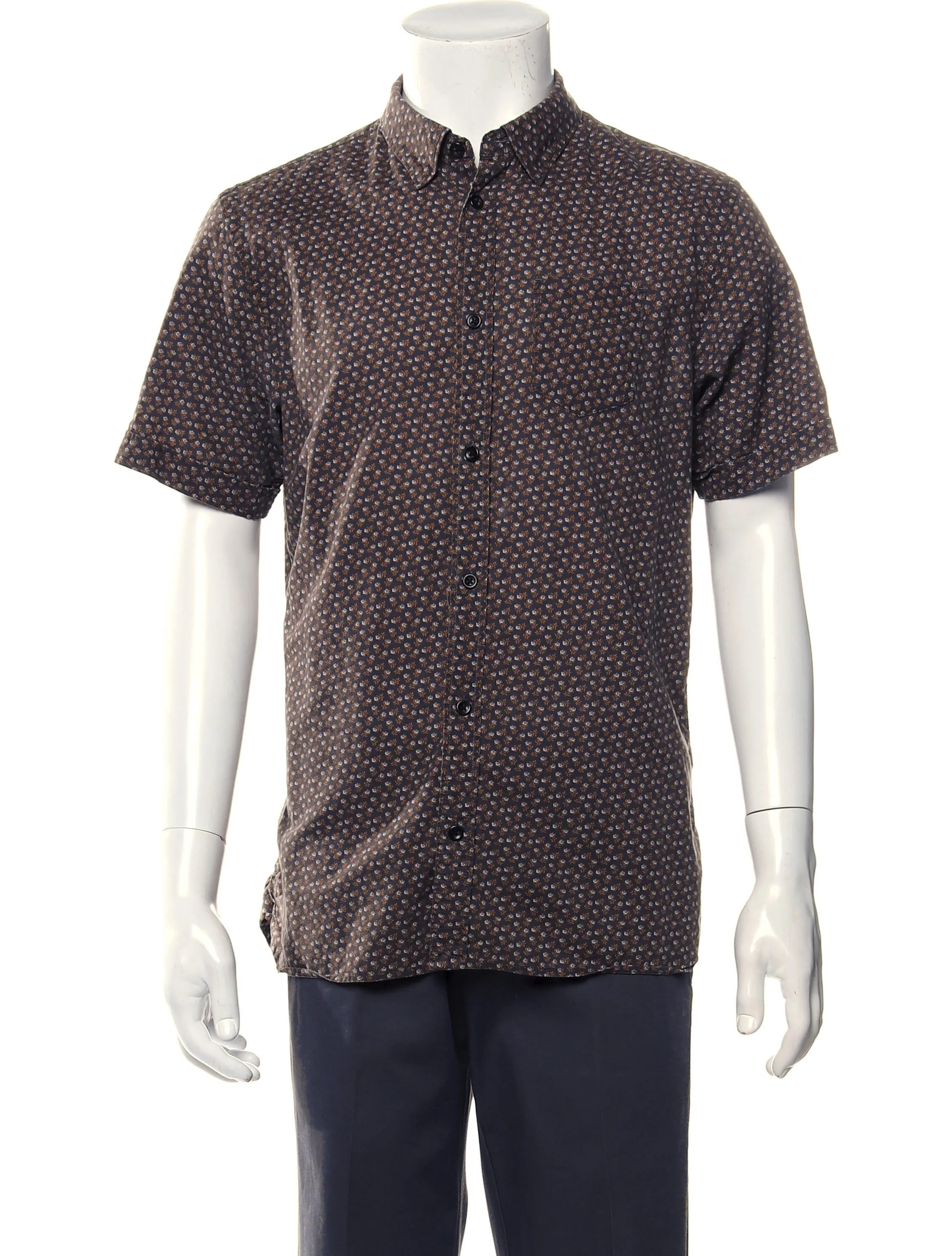 AllSaints Grey Floral Print Short Sleeve Button Up Shirt