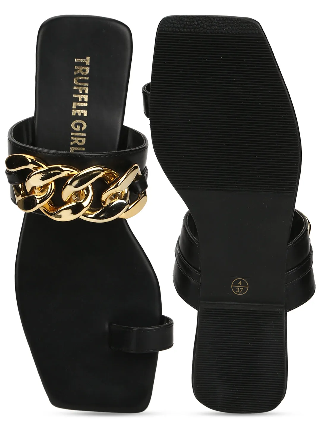 Black PU Gold Chain Slip Ons