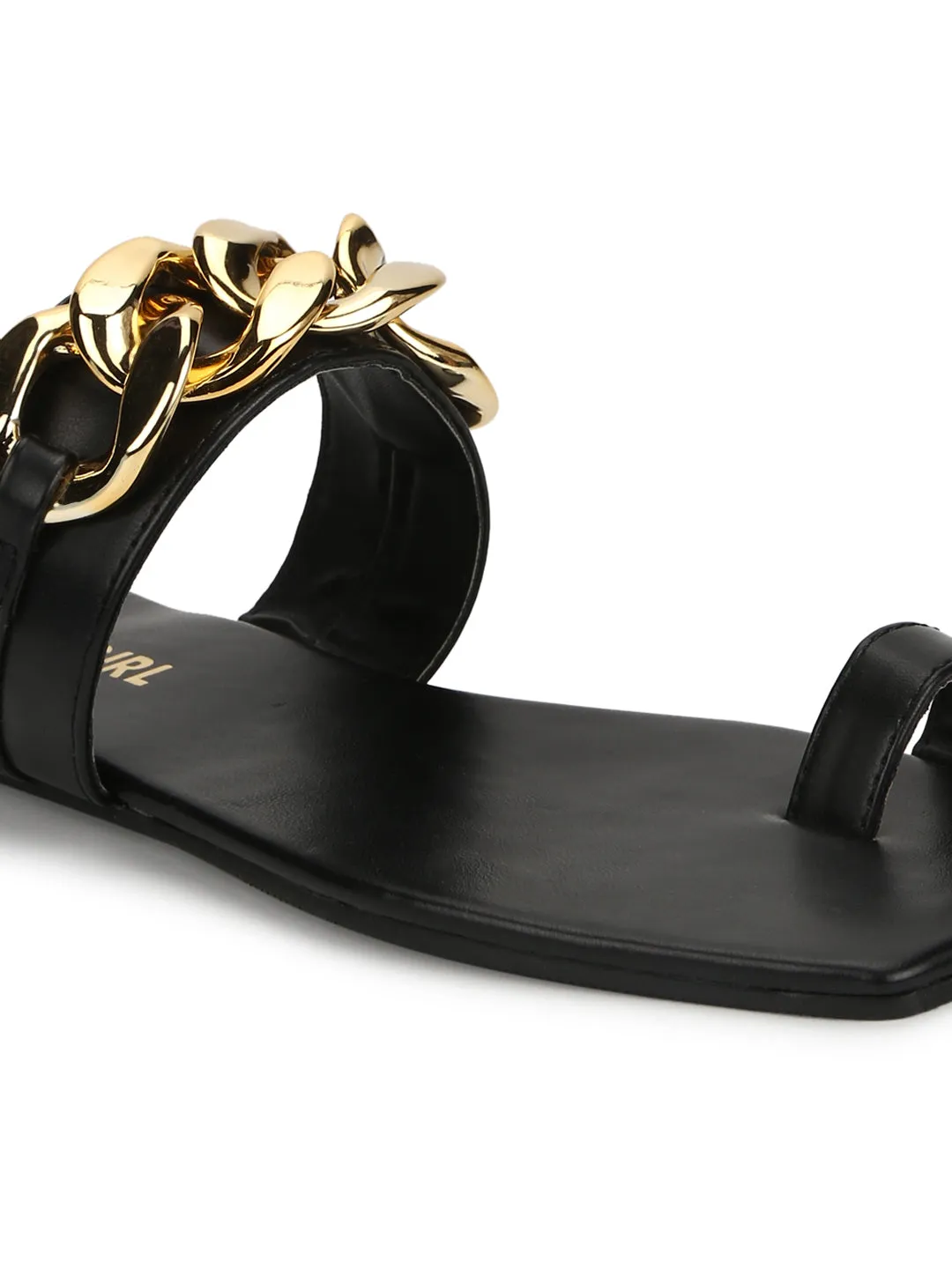 Black PU Gold Chain Slip Ons