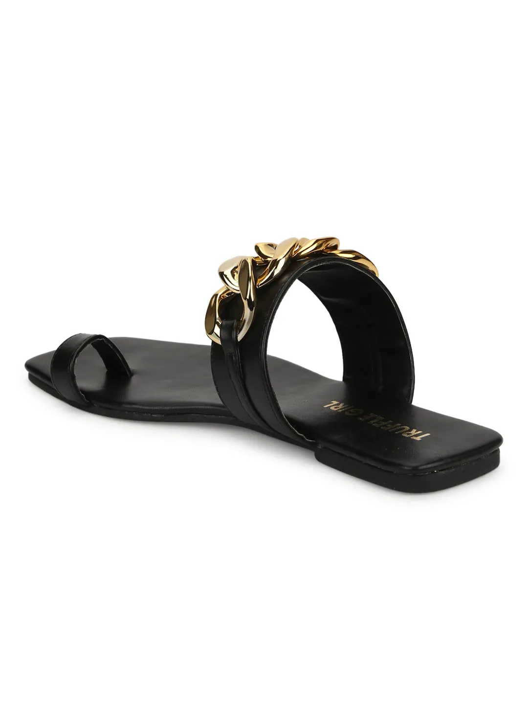 Black PU Gold Chain Slip Ons