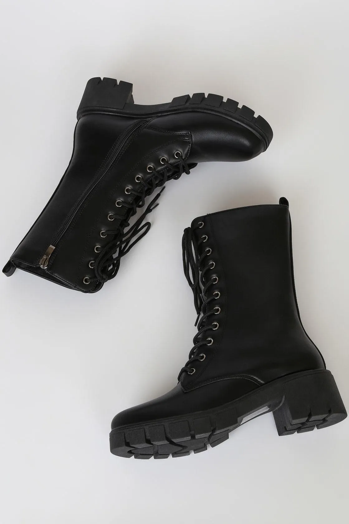 Block Heel Lace Up Black Military Boots