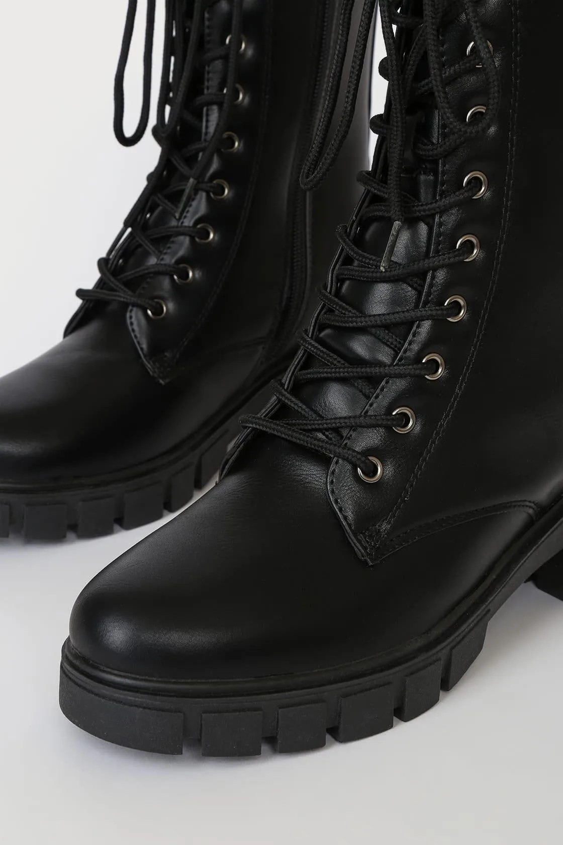 Block Heel Lace Up Black Military Boots