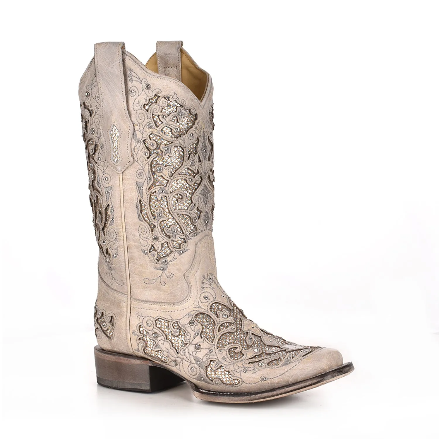 Corral Womens A3397 White Leather 11.5in Glitter Wedding Fashion Boots