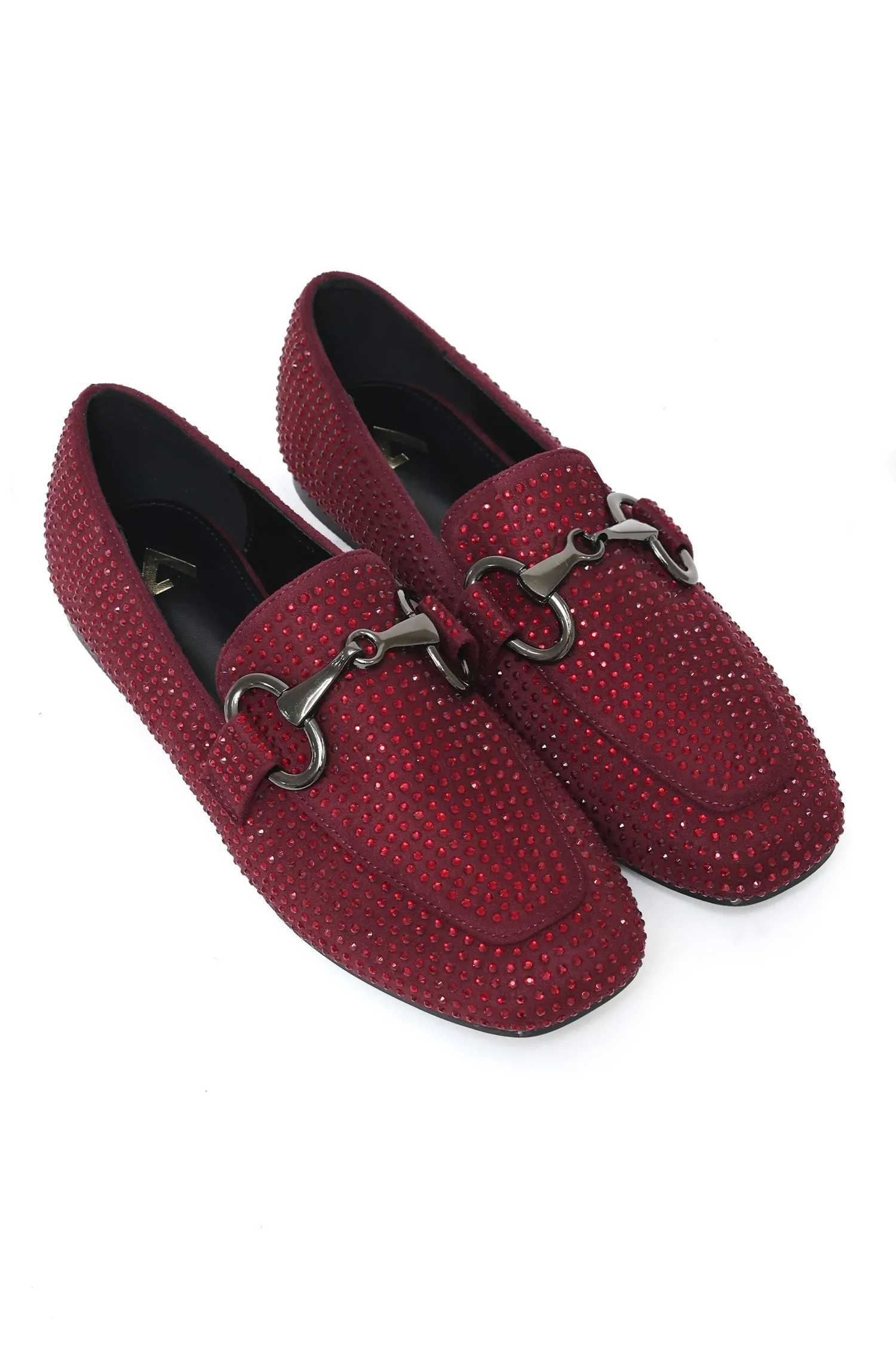 CRYSTAL STUDDED SUEDE LOAFERS-WINE