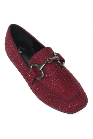 CRYSTAL STUDDED SUEDE LOAFERS-WINE