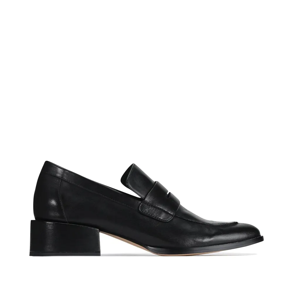 EOS Footwear Women's Cass Leather Heeled Penny Loafer in Black