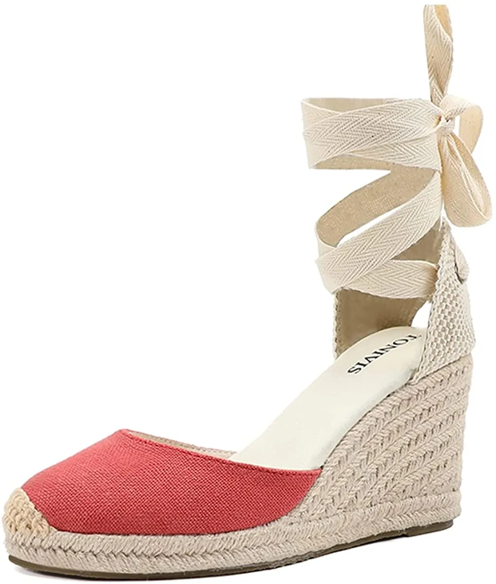 Espadrilles Platform Wedges Off Red Closed Toe Classic Summer Sandals