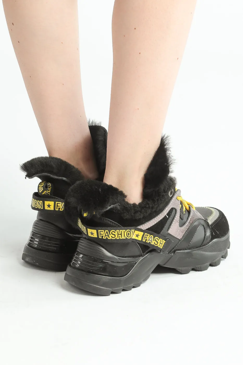 Faux Fur Lined Chunky Sneakers - Black