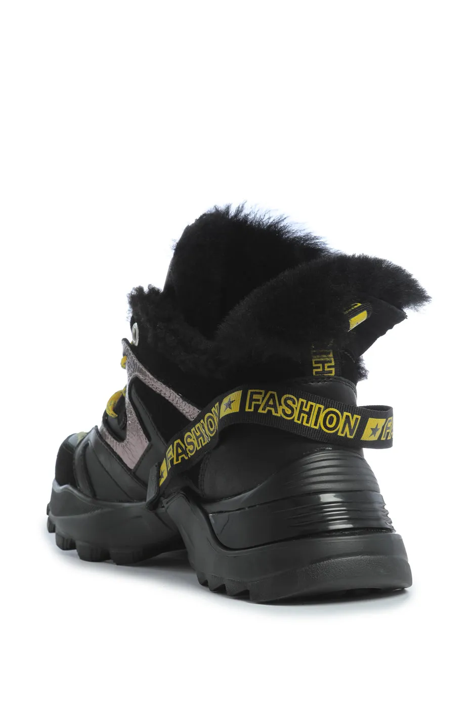 Faux Fur Lined Chunky Sneakers - Black