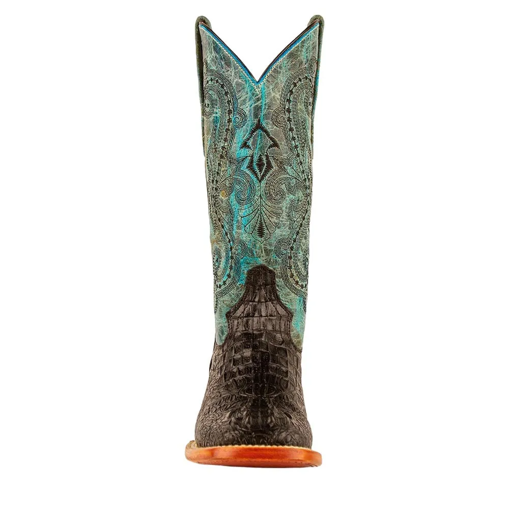 Ferrini Stampede Ladies Black/Teal Caiman Square Toe Cowhide Print Boots