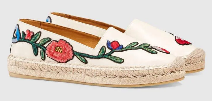 Floral Embroidered Leather Espadrilles