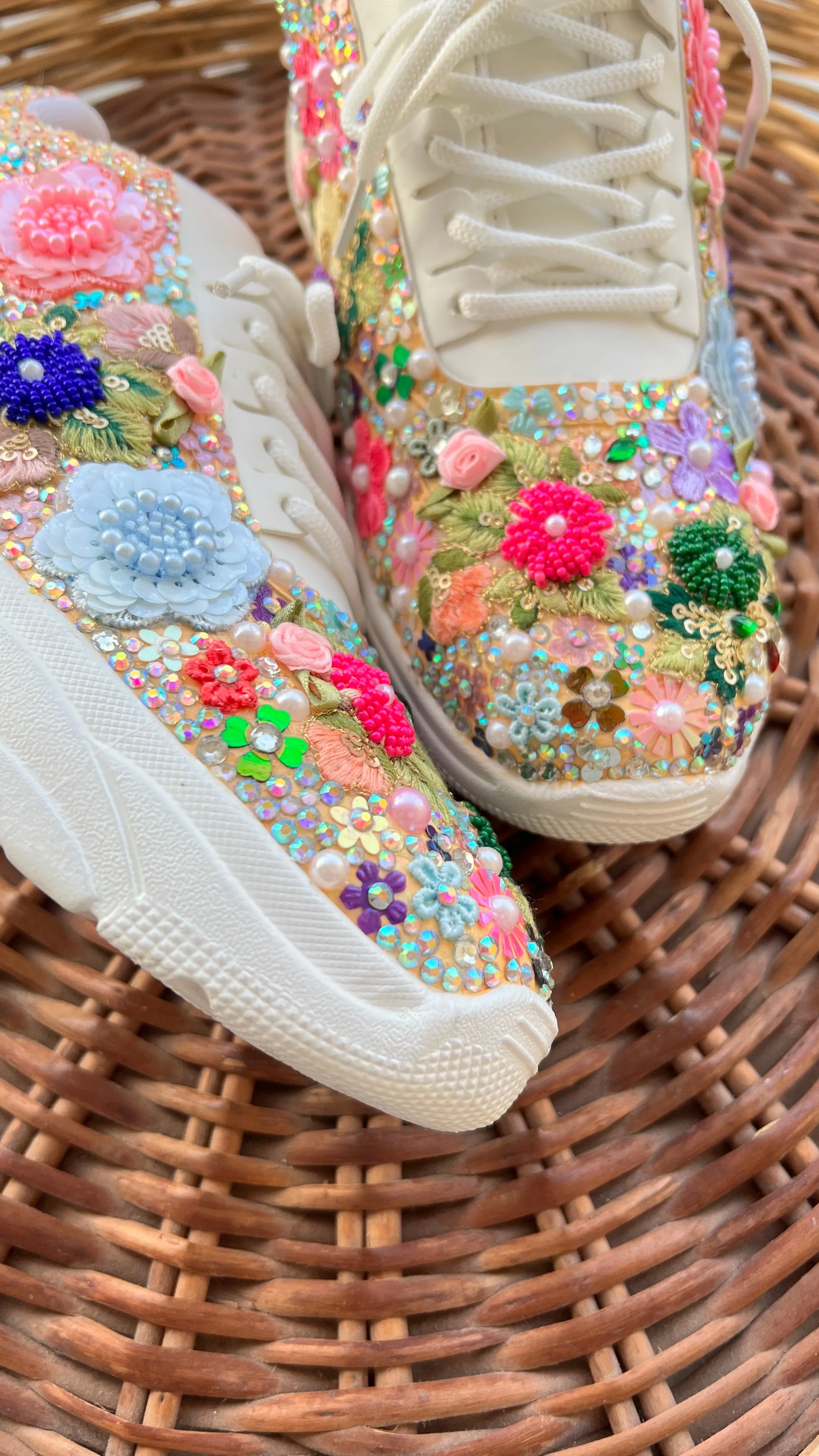 FUNKY N TRENDY fully hand crafted floral work with beads rhinestones cutdana etc /bridal sneakers / bridesmaid sneakers/ floral sneakers /colorful sneakers /bridal shoes / haldi mahendi shoes