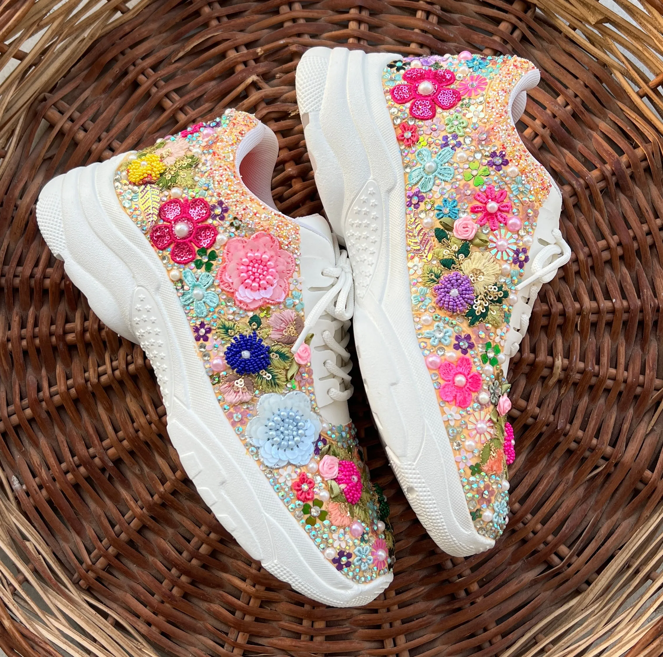 FUNKY N TRENDY fully hand crafted floral work with beads rhinestones cutdana etc /bridal sneakers / bridesmaid sneakers/ floral sneakers /colorful sneakers /bridal shoes / haldi mahendi shoes