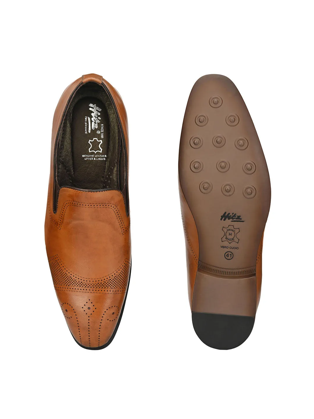 Hitz Men's Tan Leather Slip On Semi Formal Shoes