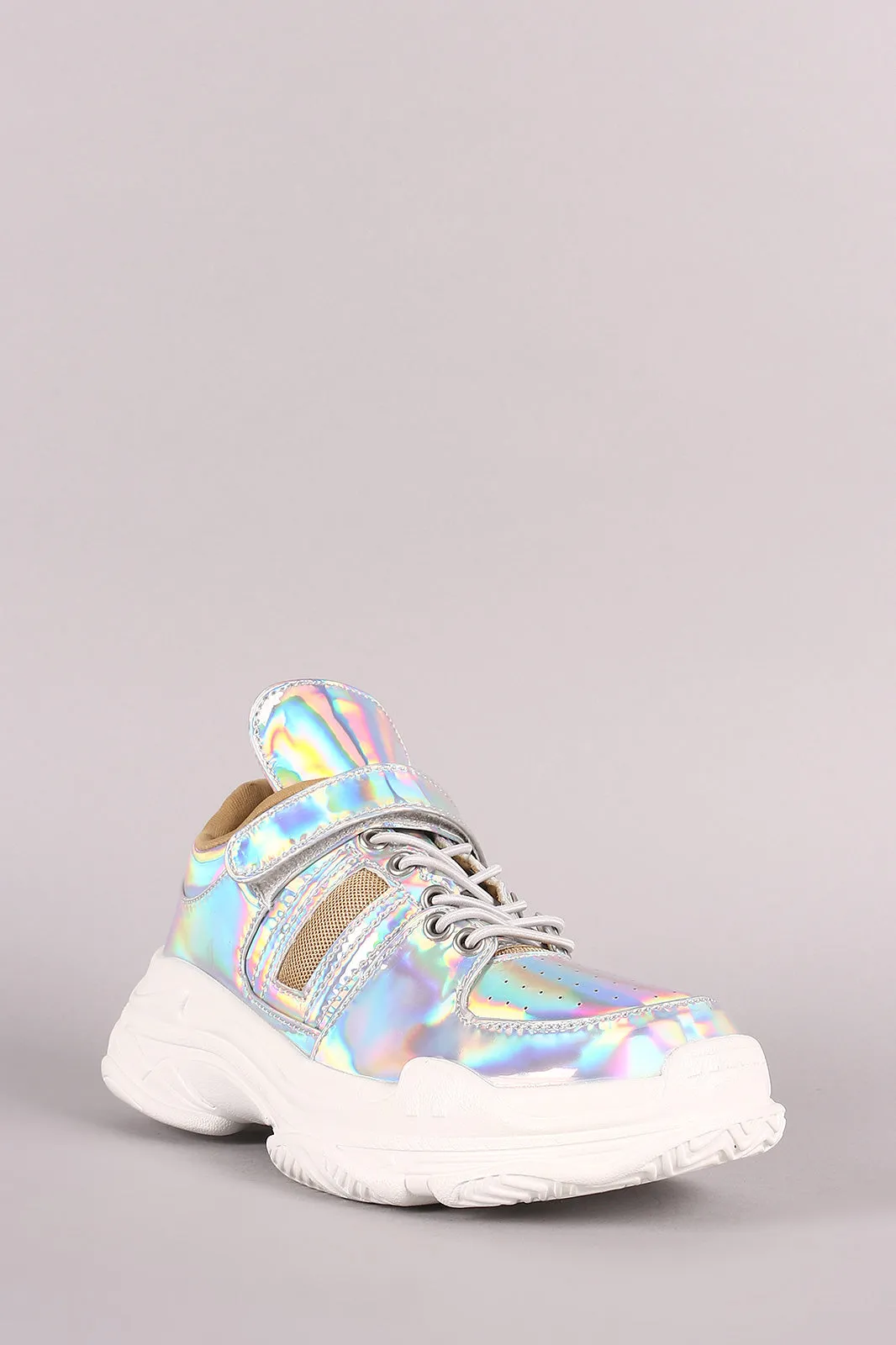 Holographic Patent Perforated Lace-Up Platform Sneaker