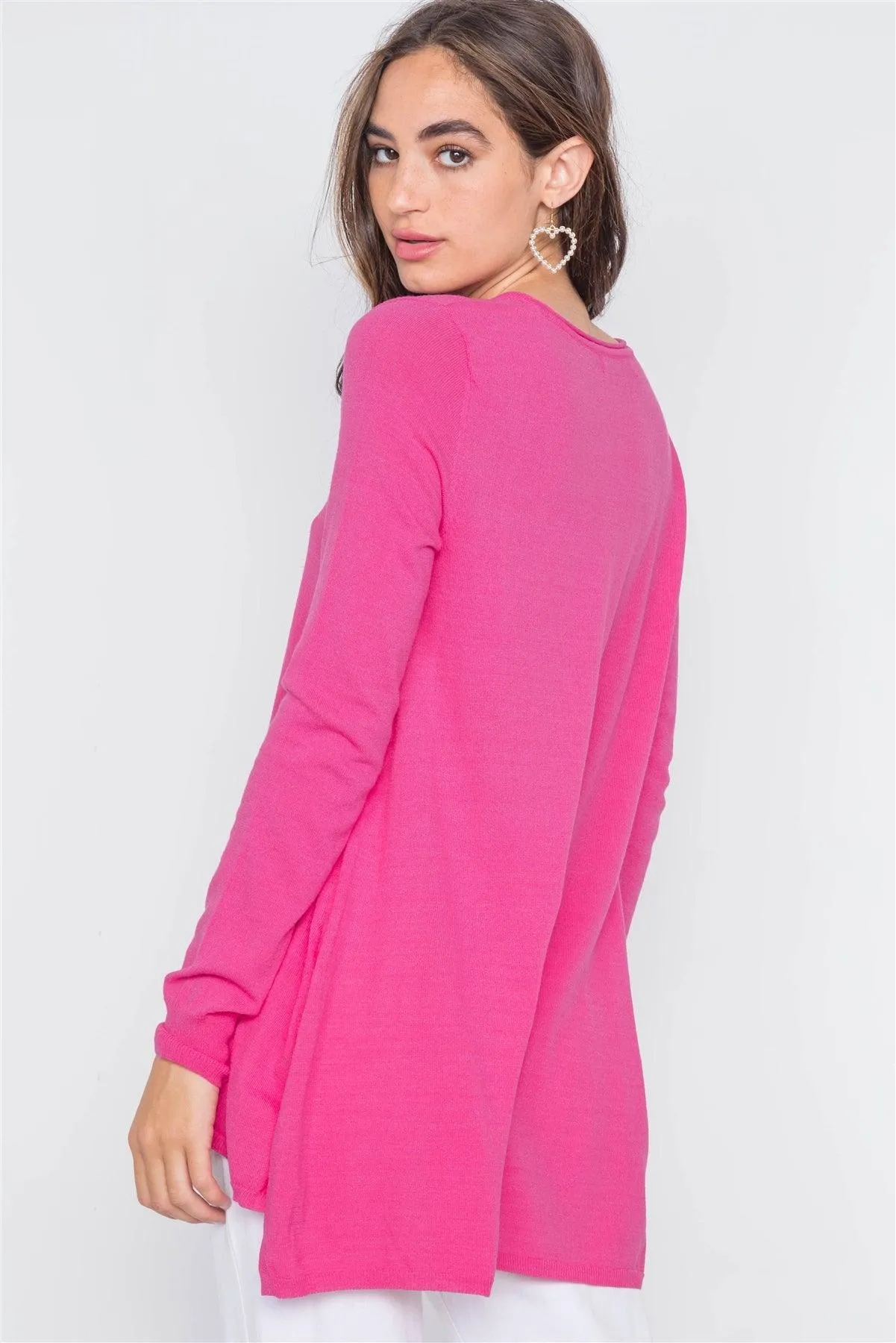 Hot Pink Knit V-Neck Casual Solid Long Sleeve Sweater